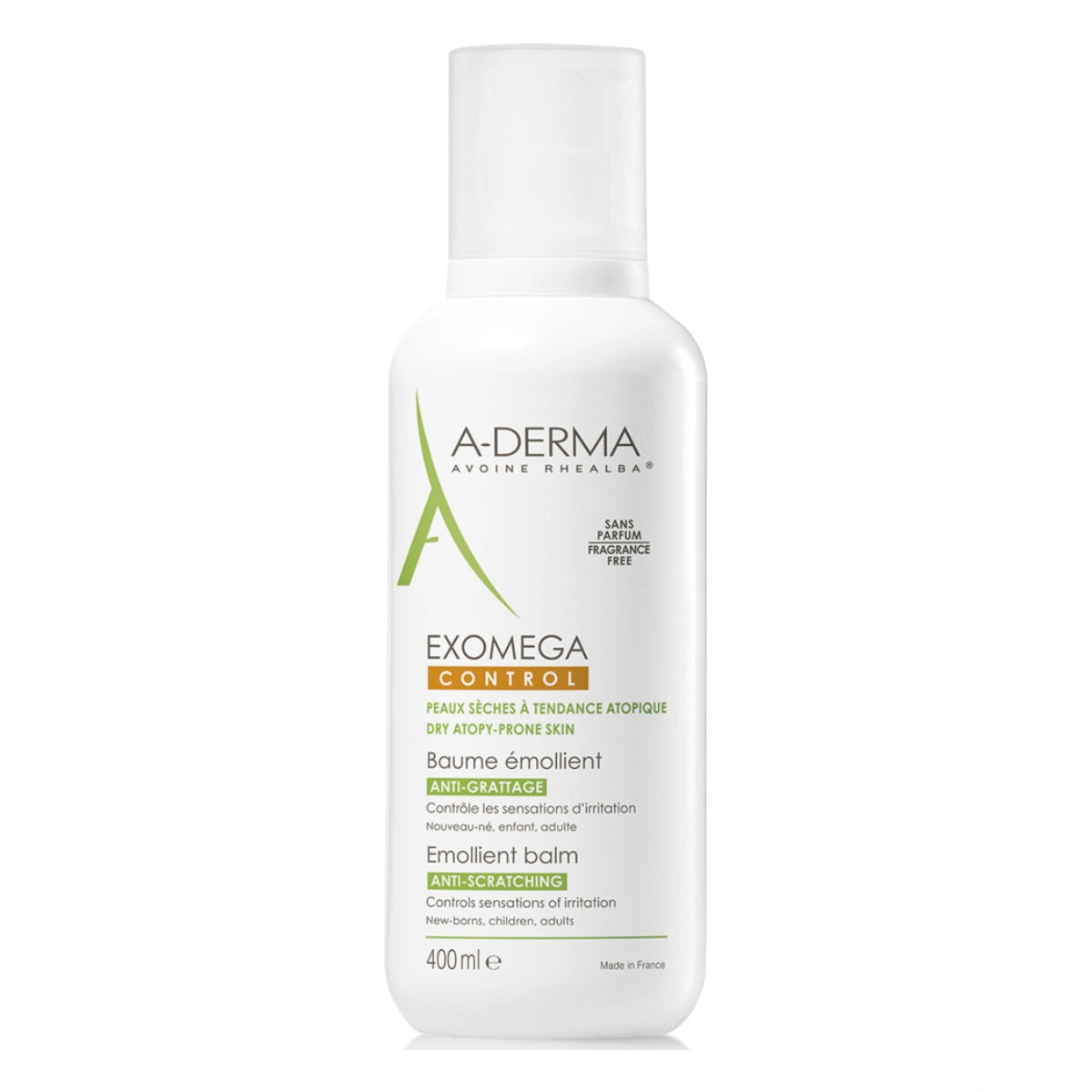 A-DERMA Exomega Control Balm pumppupullo 400 ml ihoa pehmittävä ja erittäin täyteläinen balsamivoide