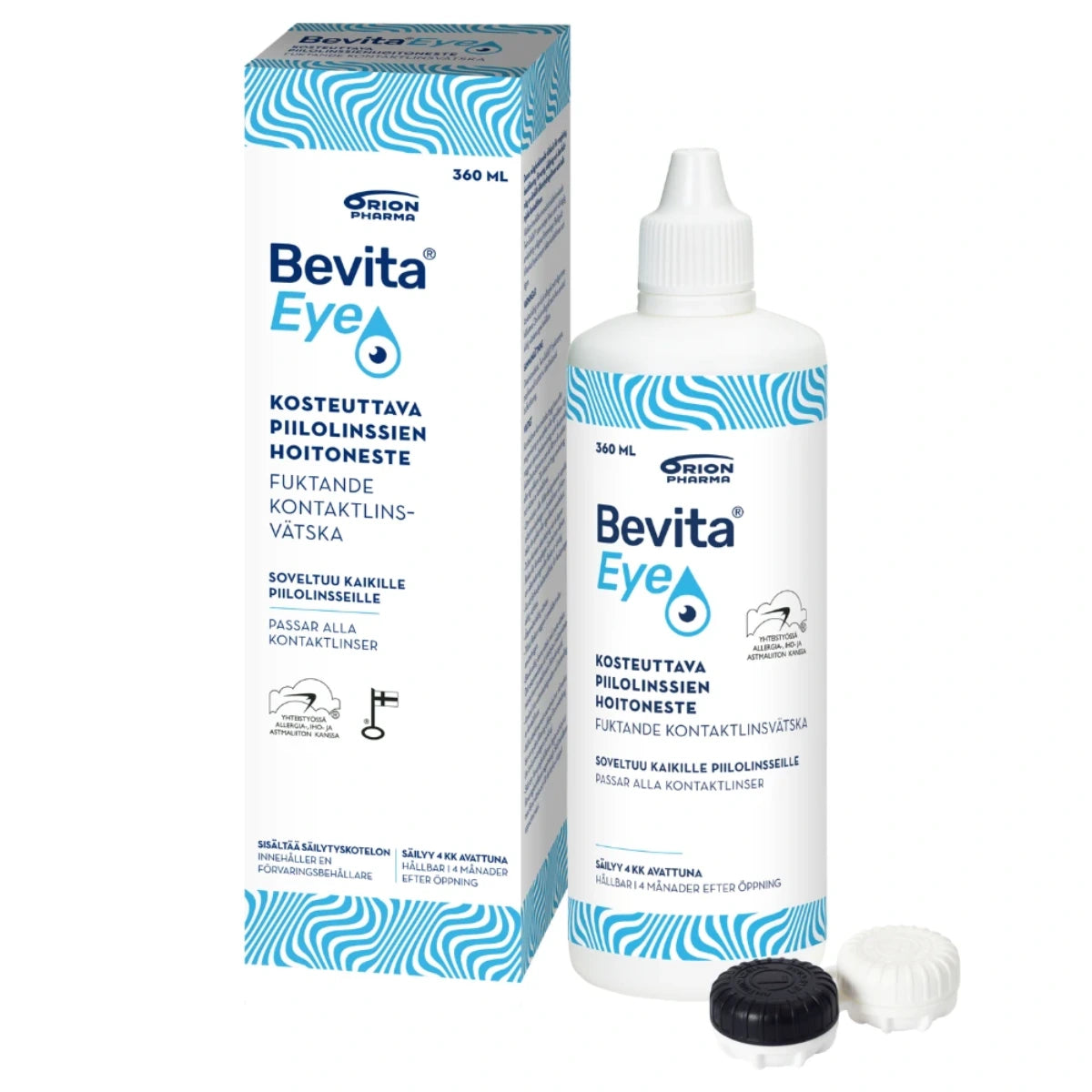 BEVITA EYE Kosteuttava piilolinssien hoitoneste 360 ml puhdistukseen, desinfiointiin, säilytykseen, huuhteluun ja kostutukseen.
