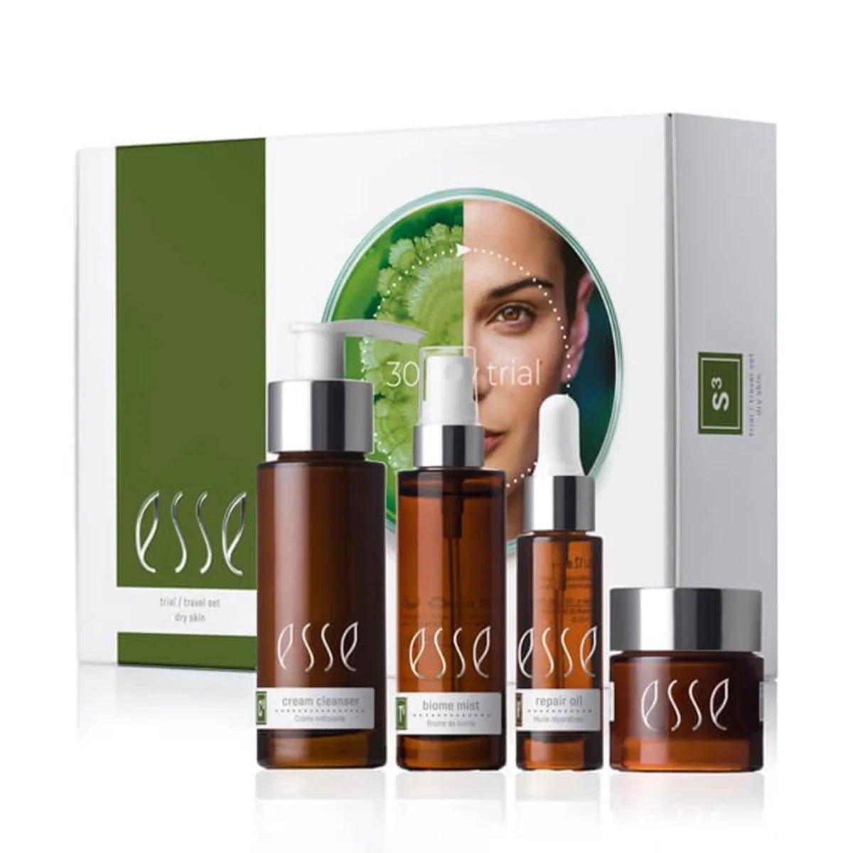 Esse Dry Skin Trial / Travel -pakkaus kuivalle iholle sisältää neljä reilunkokoista tuotetta noin kuukauden käyttöön