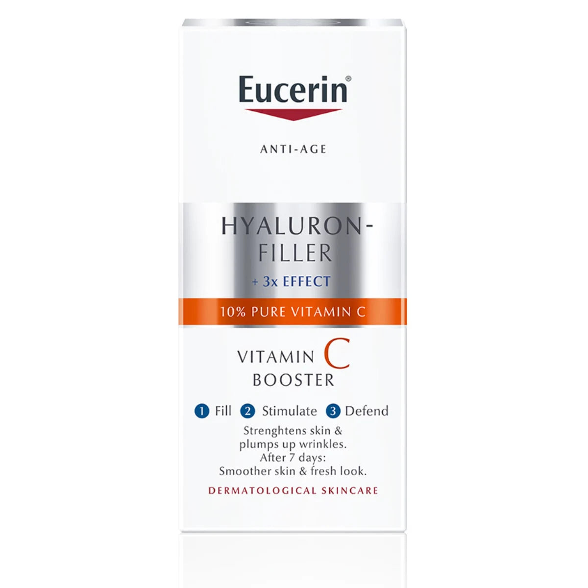 EUCERIN Hyaluron-Filler Vitamin C Booster kasvoseerumi 8 ml sisältää 10% C-vitamiinia antaen hehkua iholle