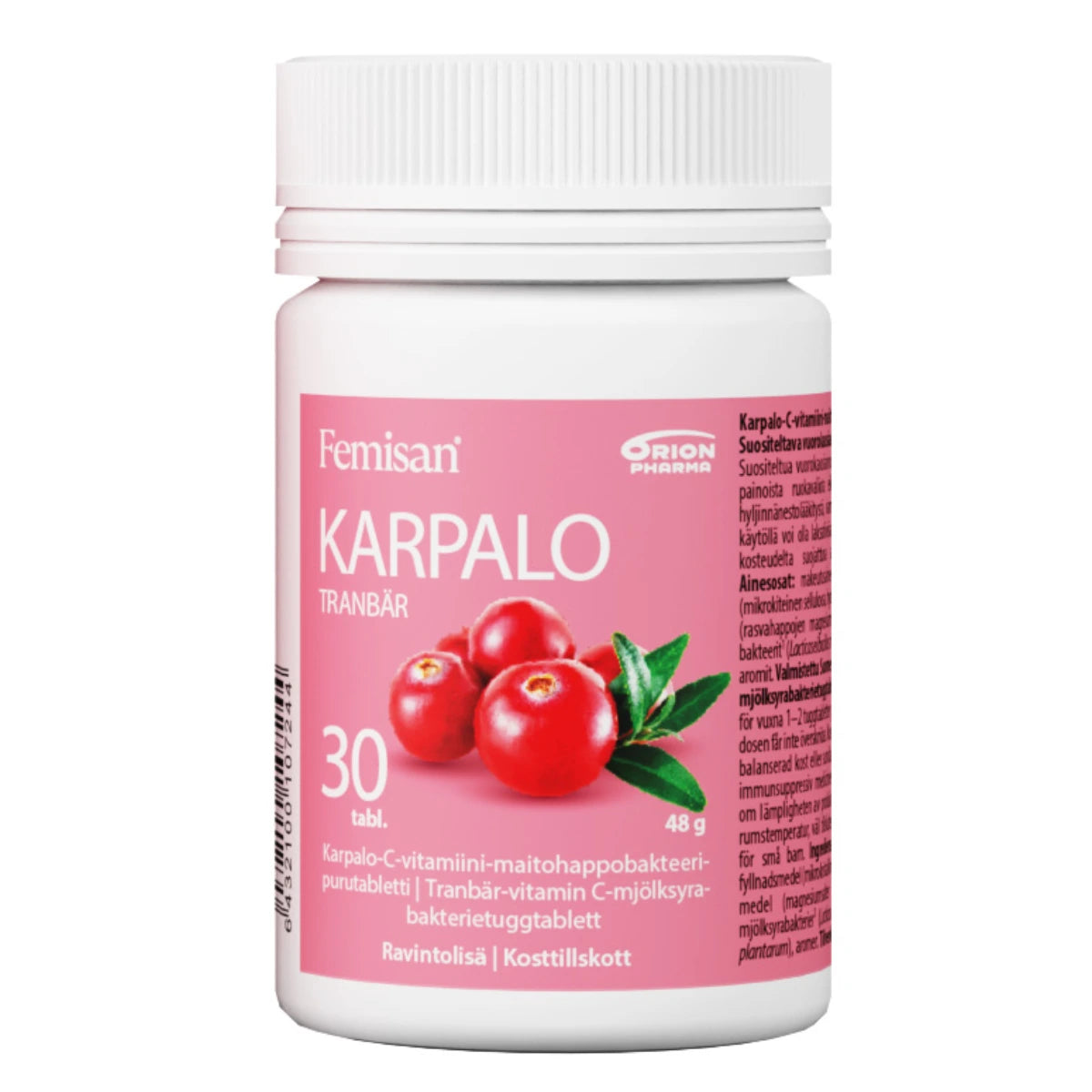 Femisan Karpalo 30 purutablettia –Vahva kotimainen karpalo-, C-vitamiini- ja maitohappobakteerivalmiste naisille.