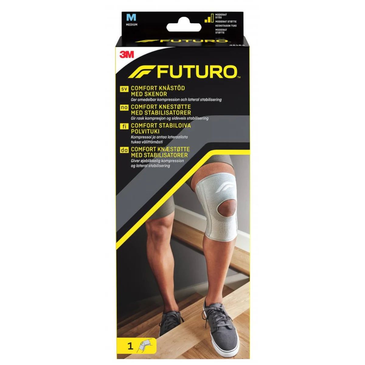 FUTURO Comfort stabiloiva polvituki M kompressoi ja antaa lateraalista tukea välittömästi