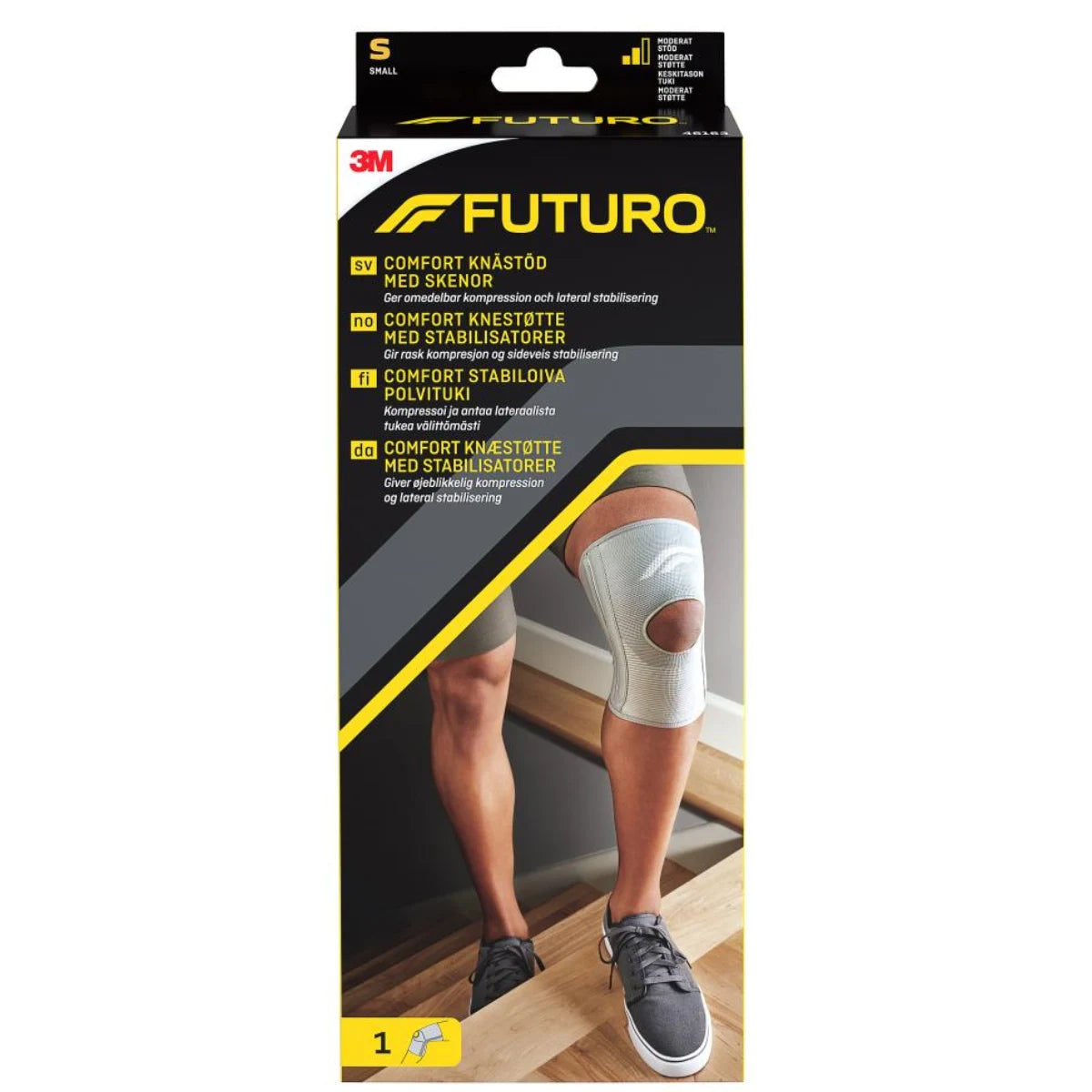 FUTURO Comfort stabiloiva polvituki S kompressoi ja antaa lateraalista tukea välittömästi