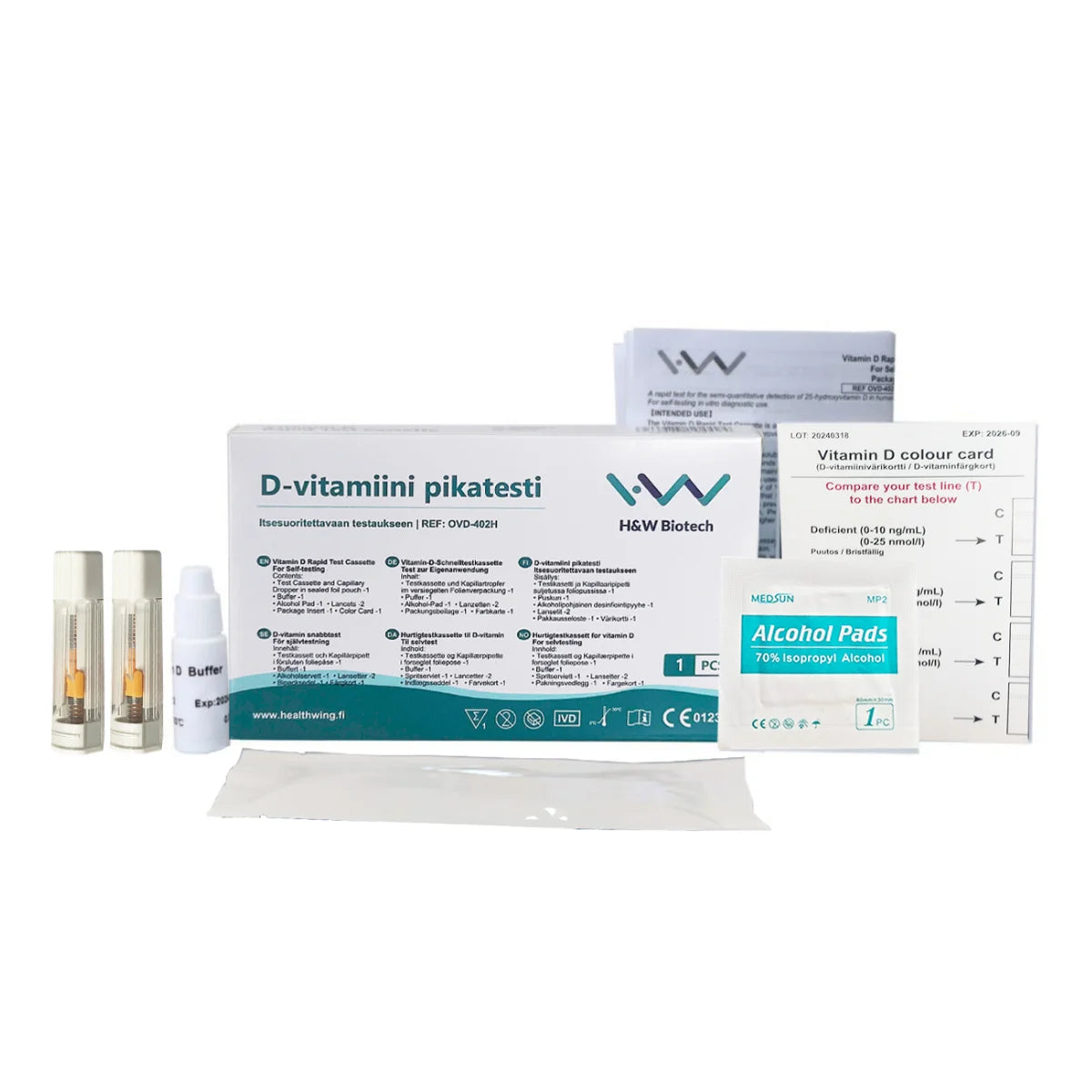 H&W D-vitamiini kotitesti pakkauksen sisältö