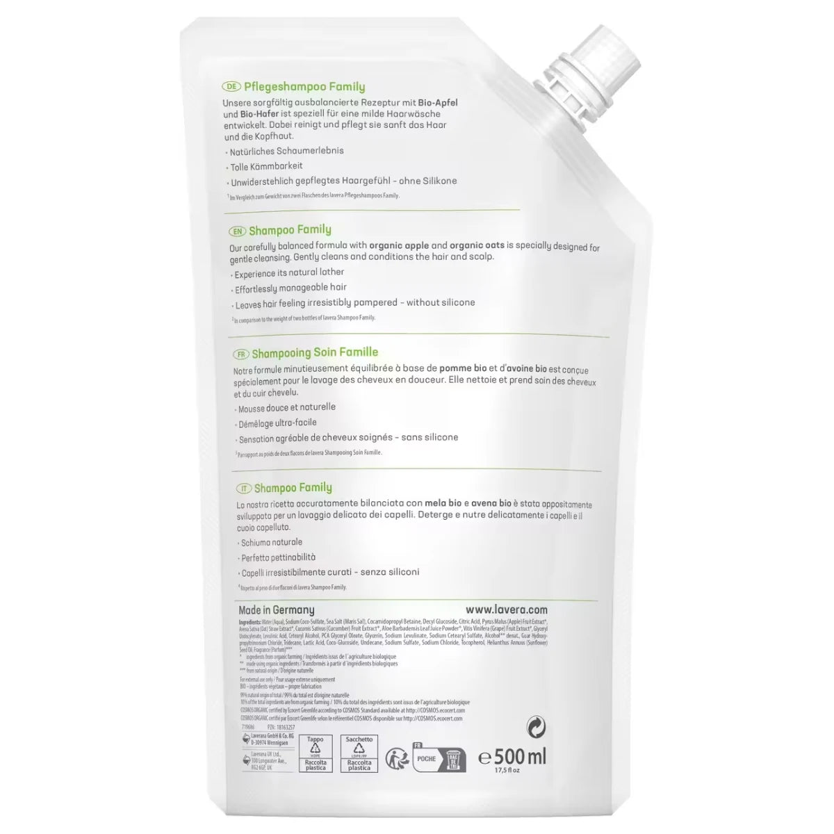 Lavera Family Shampoo täyttöpussi 500 ml – silikoniton shampoo koko perheelle