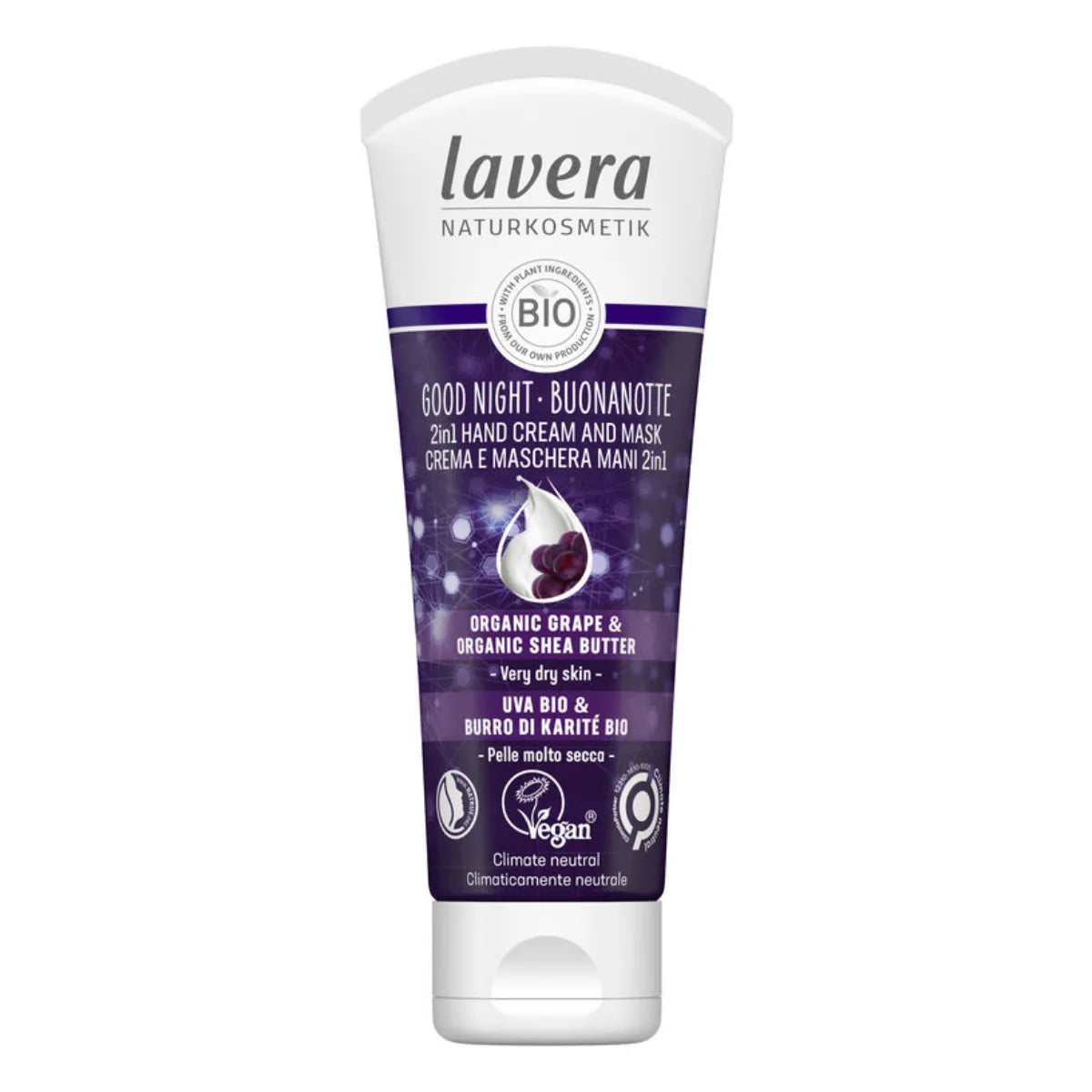 Lavera Good Night 2in1 Hand Cream and Mask 75 ml – käsiä hoitava voide ja naamio yöksi 