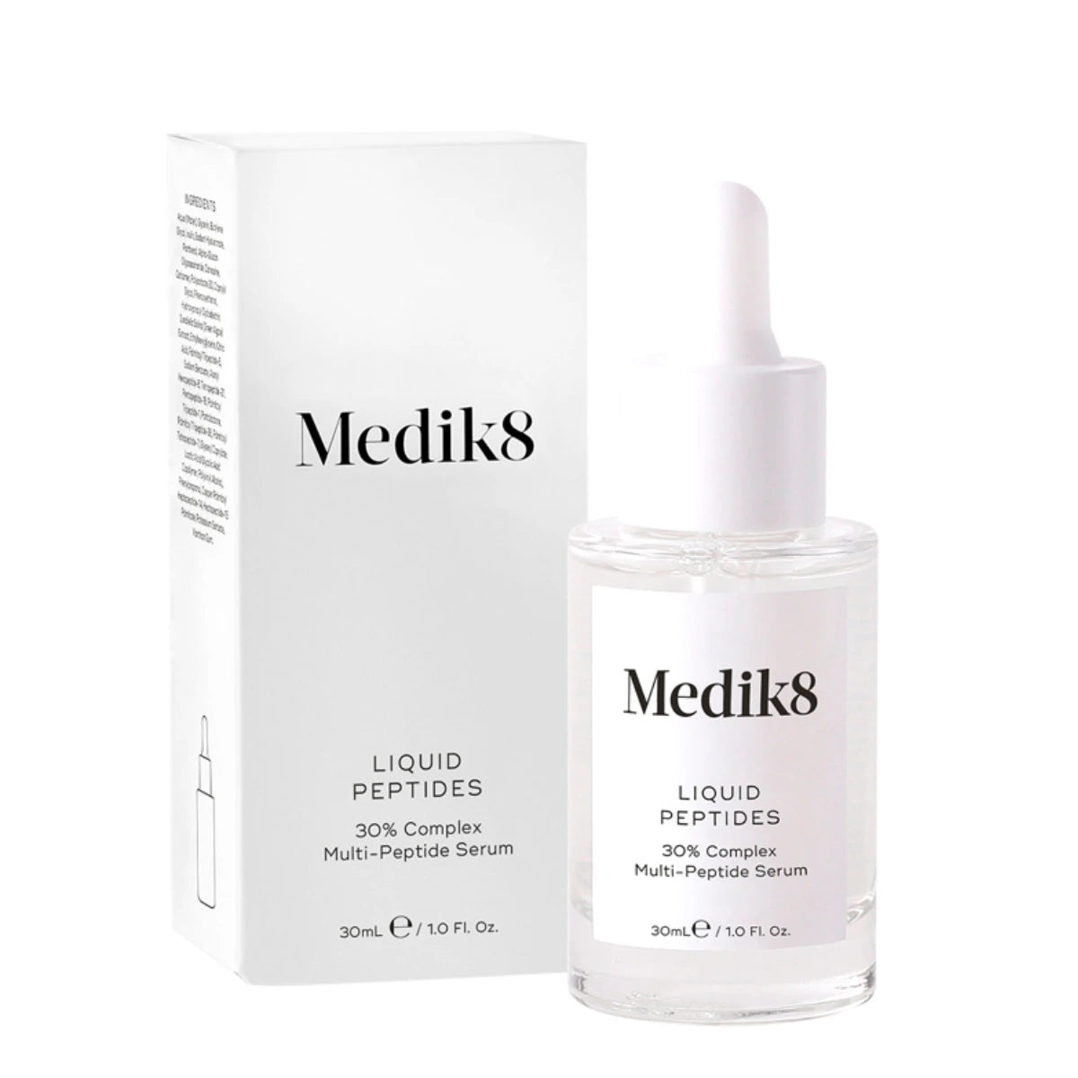 MEDIK8 Liquid Peptides 30 ml sisältää tehokkaan peptidiyhdisteen, joka stimuloi kollageenin tuotantoa ja vähentää juonteiden näkyvyyttä.