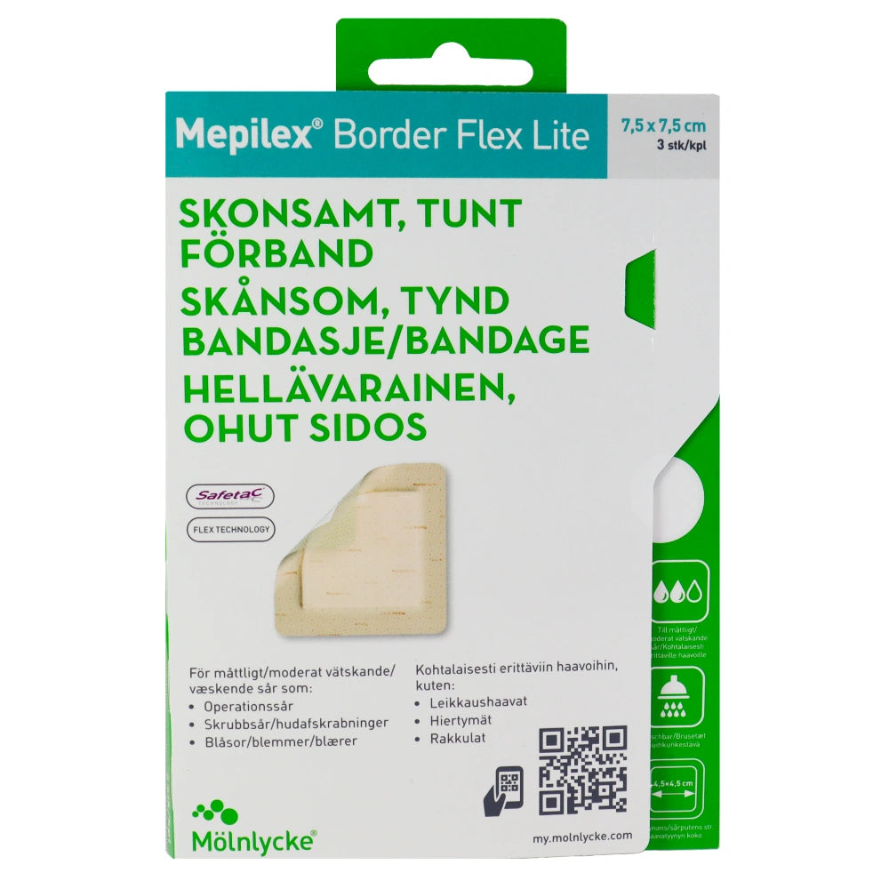 MEPILEX Border Flex Lite 7,5 cm x 7,5 cm vedenpitävä haavasidos 3 kpl