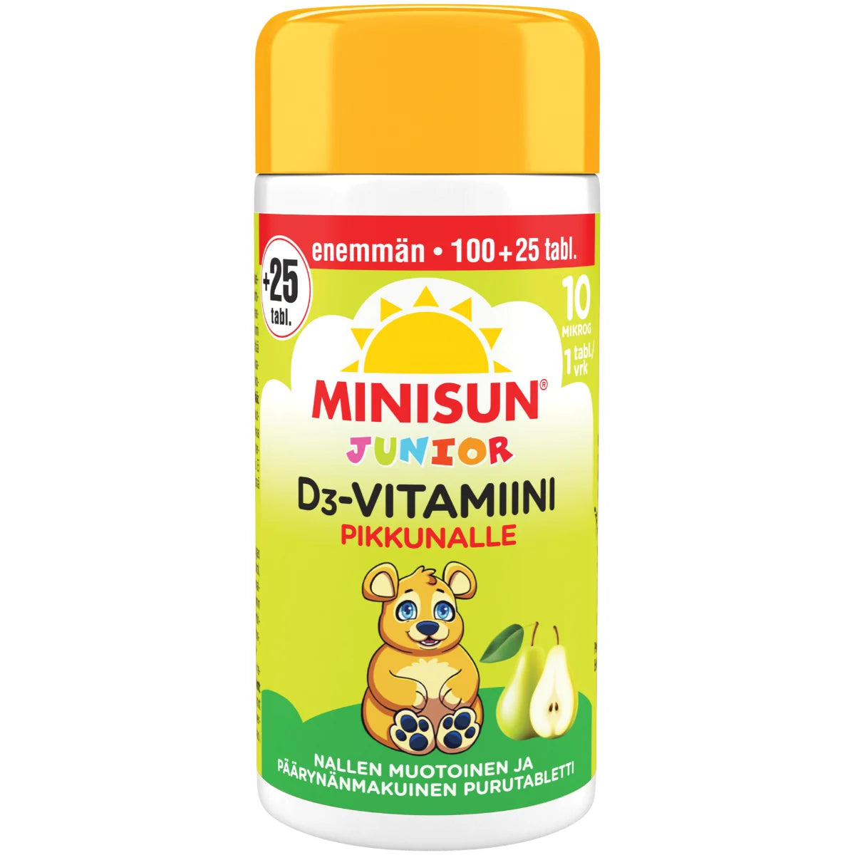 MINISUN Junior Nalle D3-vitamiini päärynä kampanjapakkaus 125 purutabl
