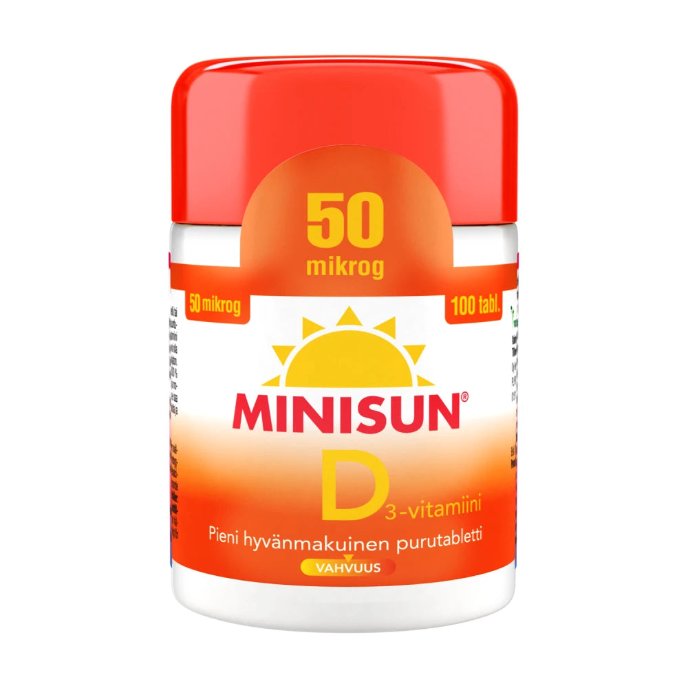MINISUN D3-vitamiini 50 mikrog purutabletti 100 kpl pieni hyvänmakuinen purutabletti