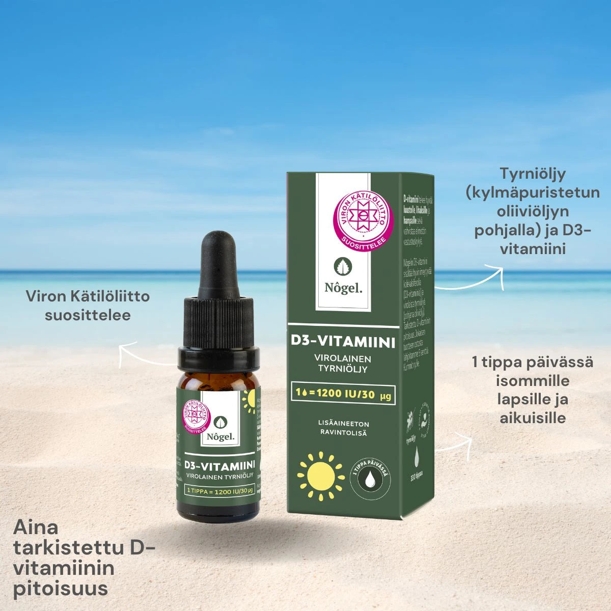 NÔGEL D3-vitamiini tyrniöljytippa 30 μg / tippa annosteluohje