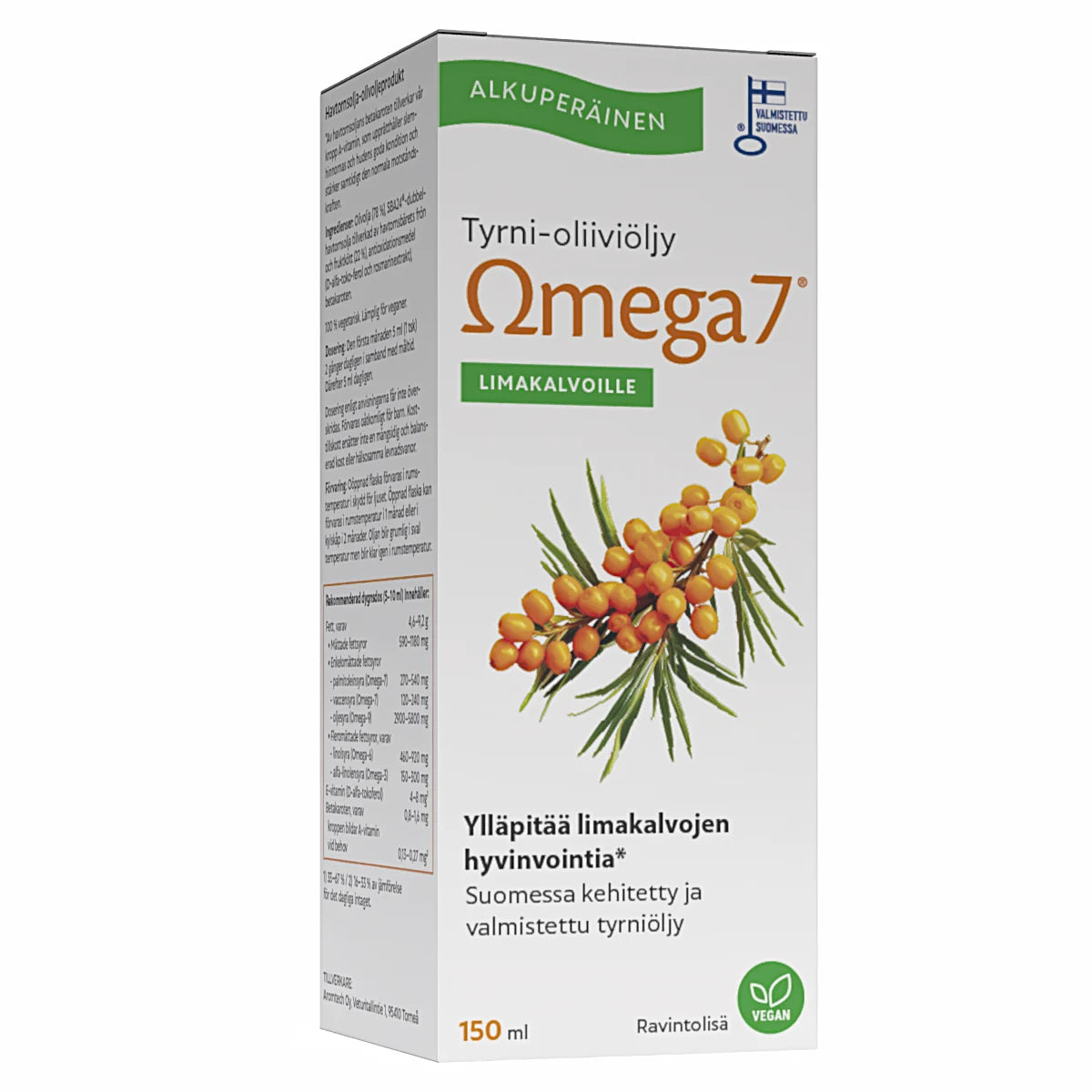 Omega7 Tyrni-oliiviöljy 150 ml – suomessa kehitetty ja valmistettu tyrniöljy