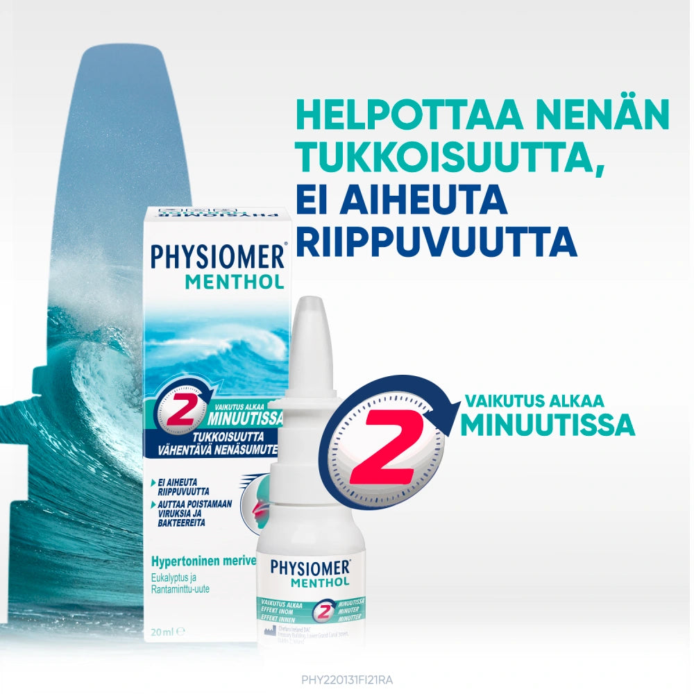 PHYSIOMER Menthol helpottaa nenän tukkoisuutta, ei aiheuta riippuvuutta