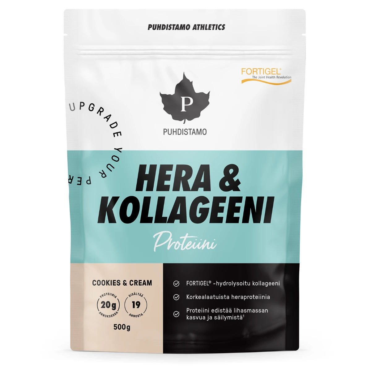 Puhdistamo Athletics Hera & Kollageeni Cookies & Cream 500 g – proteiinia ja kollageenia samassa annoksessa