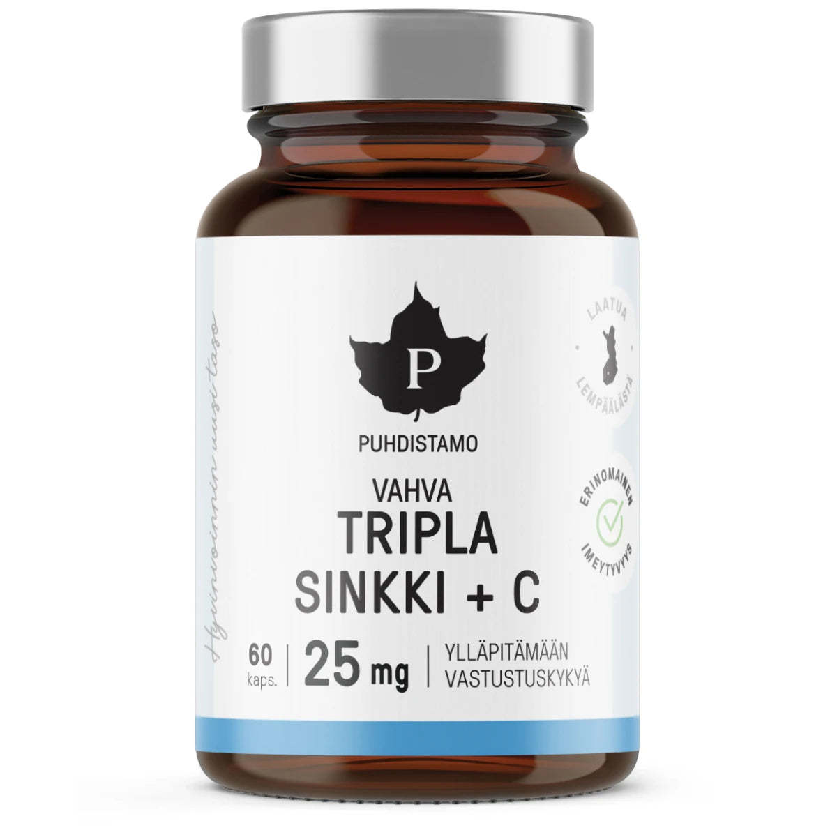 Puhdistamo Tripla Sinkki+C 25 mg kapseli 60 kpl sisältää kolmea eri sinkin suolamuotoa