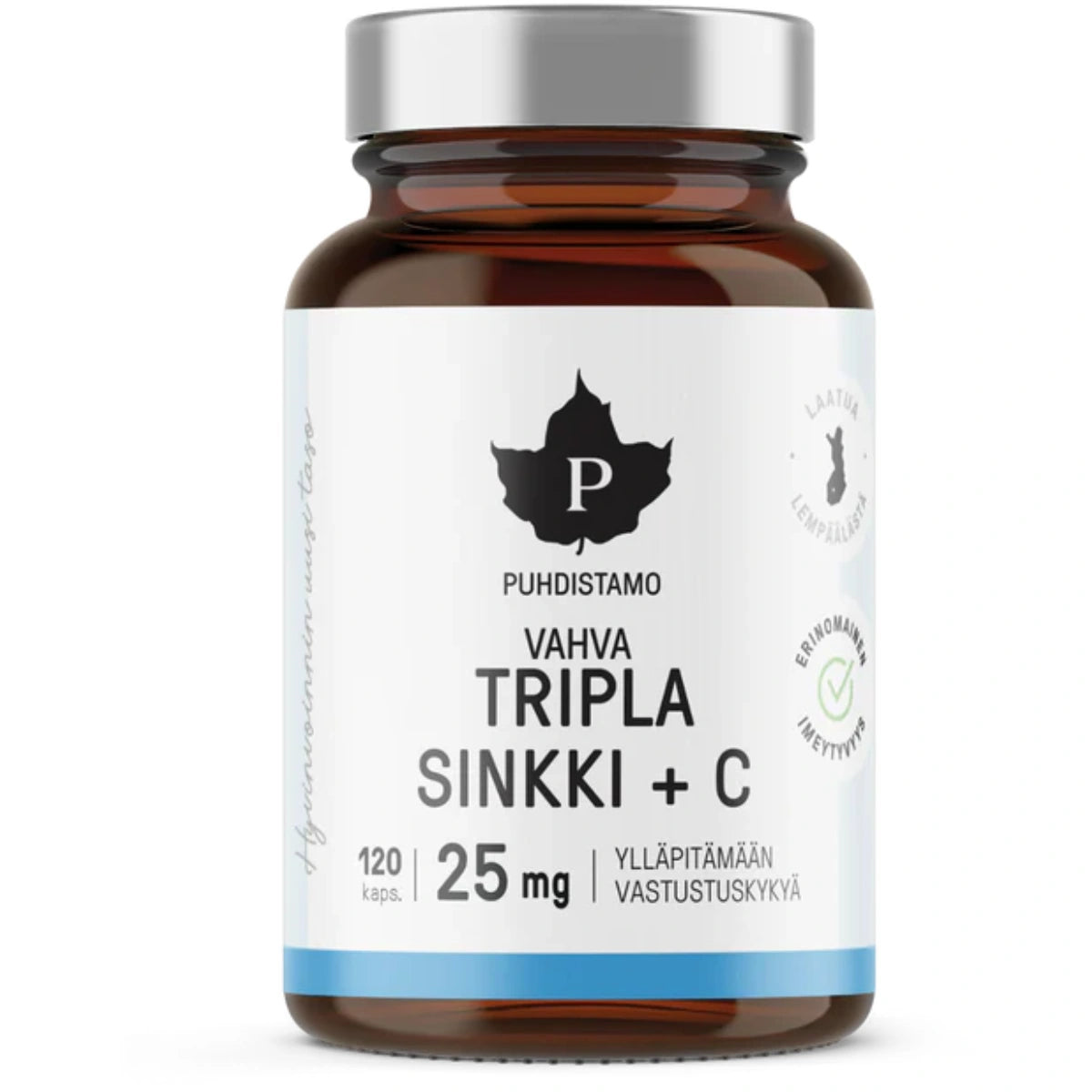 PUHDISTAMO Tripla Sinkki + C 25 mg kapseli 120 kpl monipuolinen sinkkivalmiste ylläpitämään vastustuskykyä