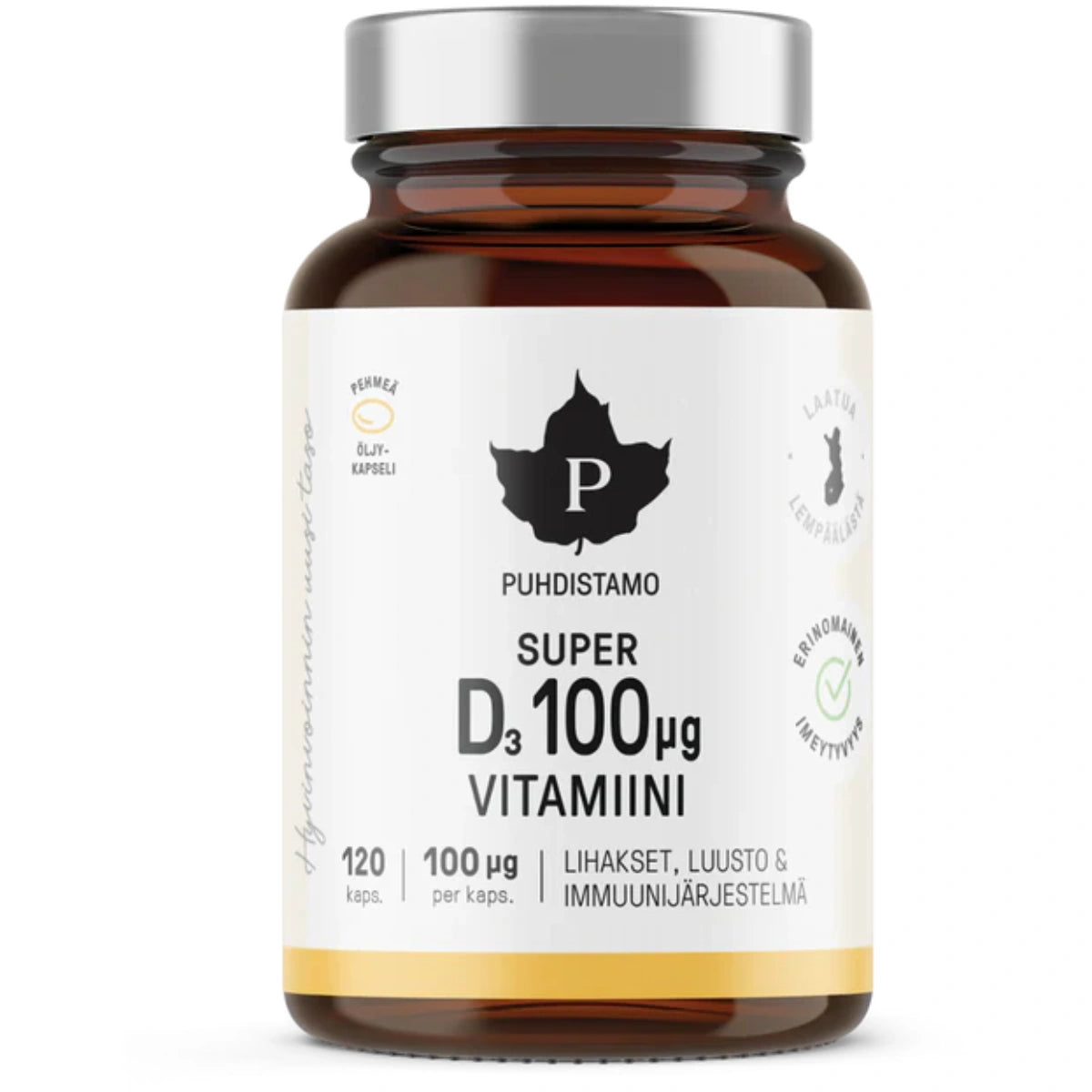 PUHDISTAMO Super D-vitamiini 100 µg kapseli 120 kpl turskanmaksaöljy pehmytkapselissa