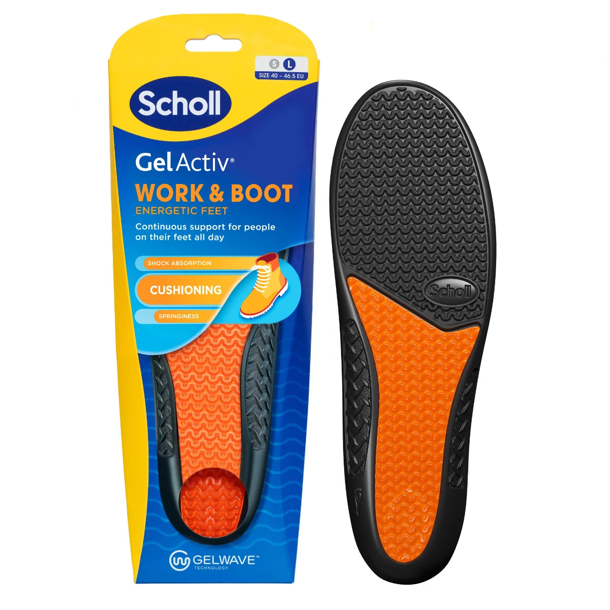 Scholl GelActiv™ Work & Boot Large -geelipohjalliset – iskua vaimentava pohjallinen työjalkineisiin (koko 41-47)