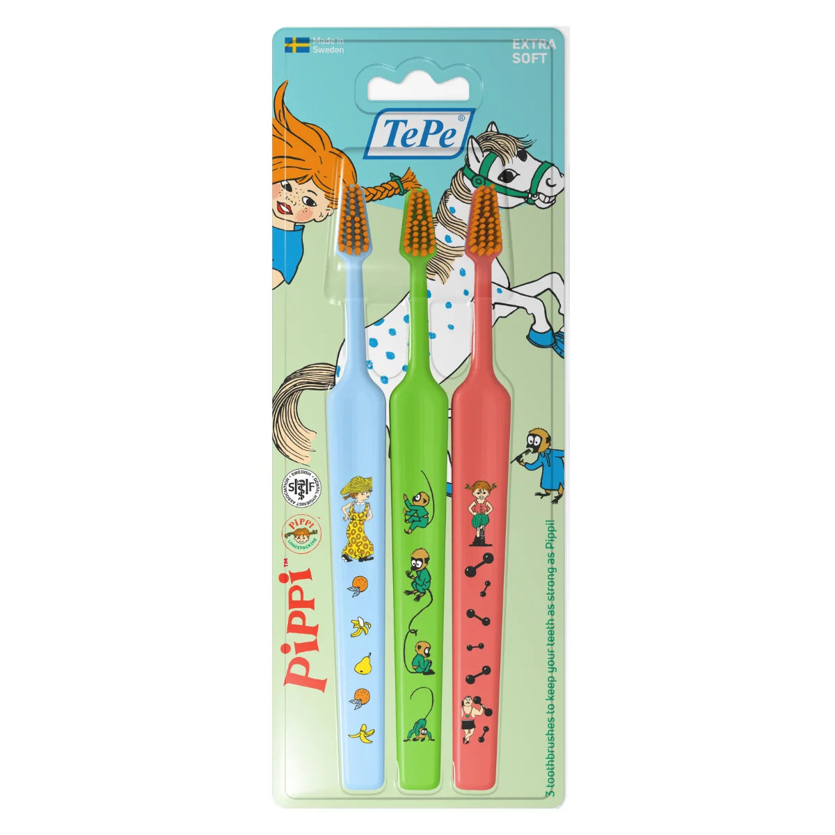 TePe Kids™ Pippi Extra Soft -hammasharja – Peppi Pitkätossun inspiroima harja 3-vuotiaille ja sitä vanhemmille lapsille