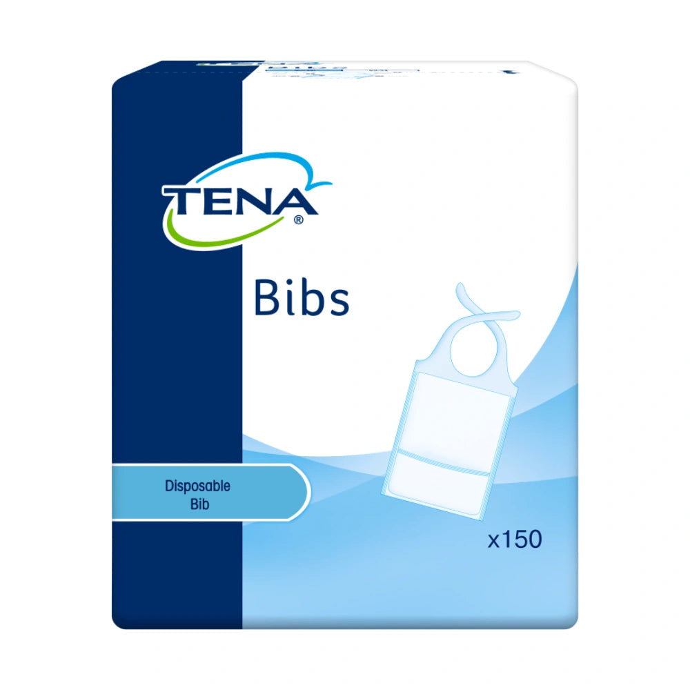 TENA Bibs ruokalappu 37x48 cm 150 kpl, kätevät kertakäyttöiset ruokalaput, joissa on integroitu etutasku.