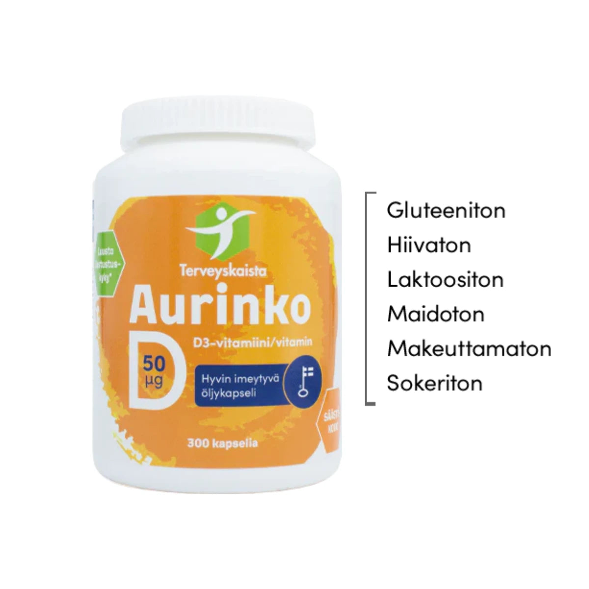 Terveyskaistan-Aurinko-D-50-mikrog-oljykapseli-300-kpl lisäaineeton