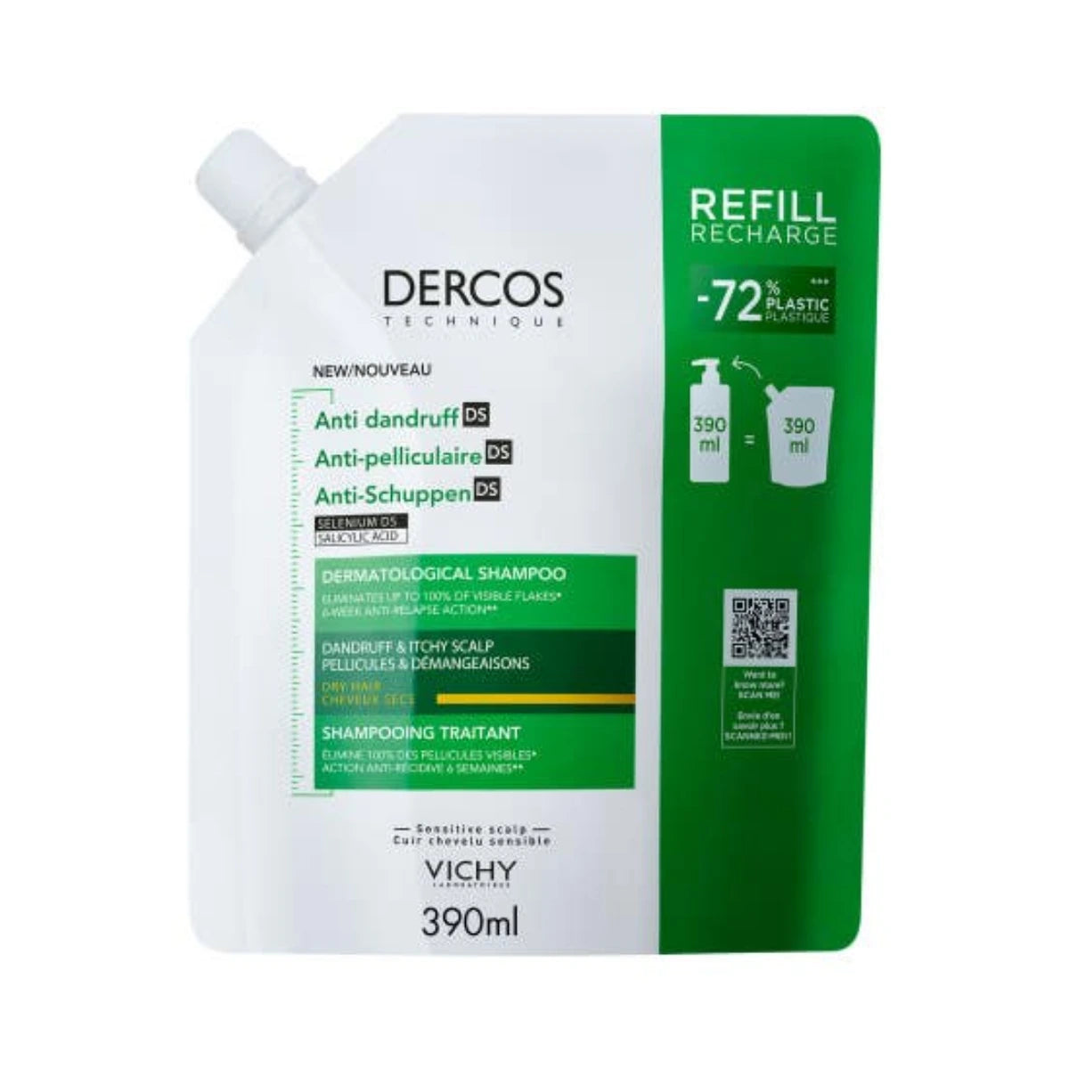 Vichy Dercos Shampoo Anti-Dandruff kuiville hiuksille – täyttöpakkaus 390 ml