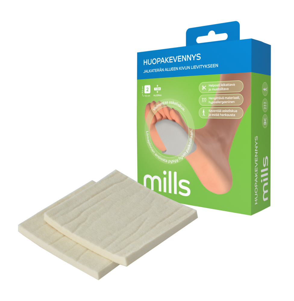 MILLS HUOPAKEVENNYS JALKATERÄN KIVUN LIEVITYKSEEN 9,5 X 9,5 CM, 2 KAPPALETTA