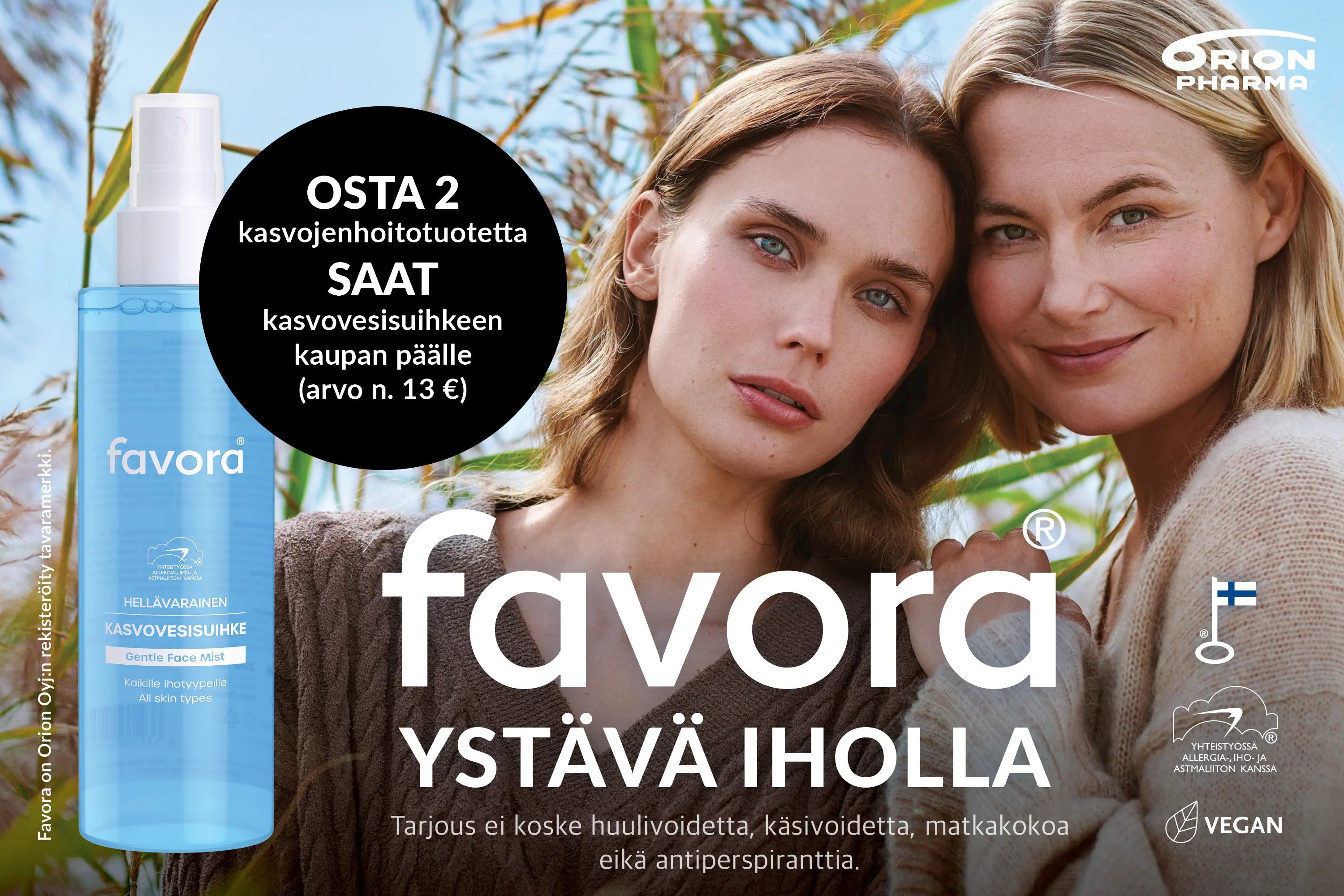 Kahden Favora-tuotteen ostajalle kasvovesisuihke kaupan päälle