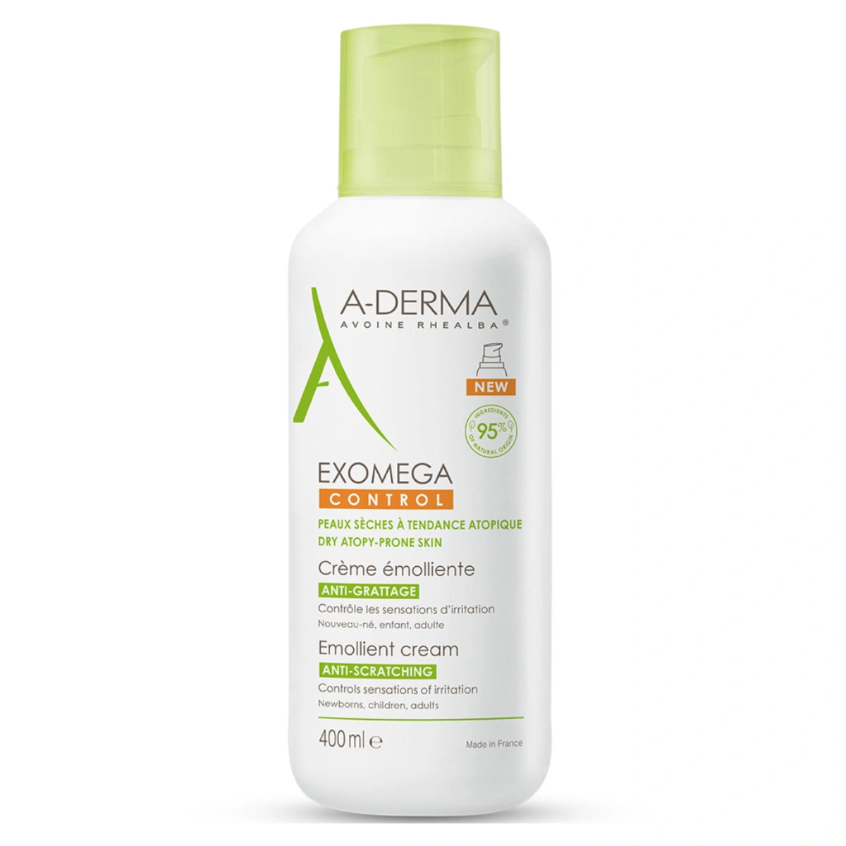 A-DERMA Exomega Control Cream pumppupullo 400 ml erittäin kuivalle ja atooppiselle iholle.