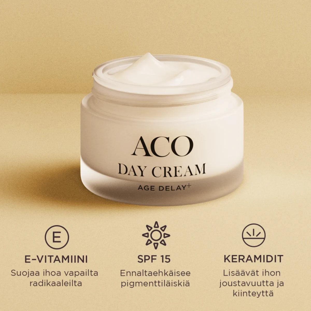 ACO Age Delay+ Day Cream sisältää keramideja, E-vitamiinia ja SPF15