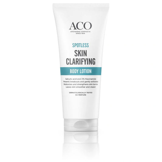 ACO Spotless Skin Clarifying Body Lotion 200 ml on voide, joka kosteuttaa ihoa samalla, kun salisyylihappo kuorii sitä.