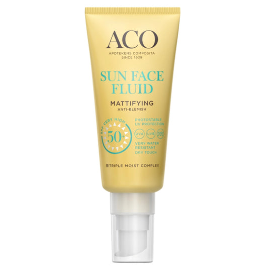 ACO Sun Face Fluid SPF50+ Mattifying aurinkovoide kasvoille 40 ml, hajusteeton