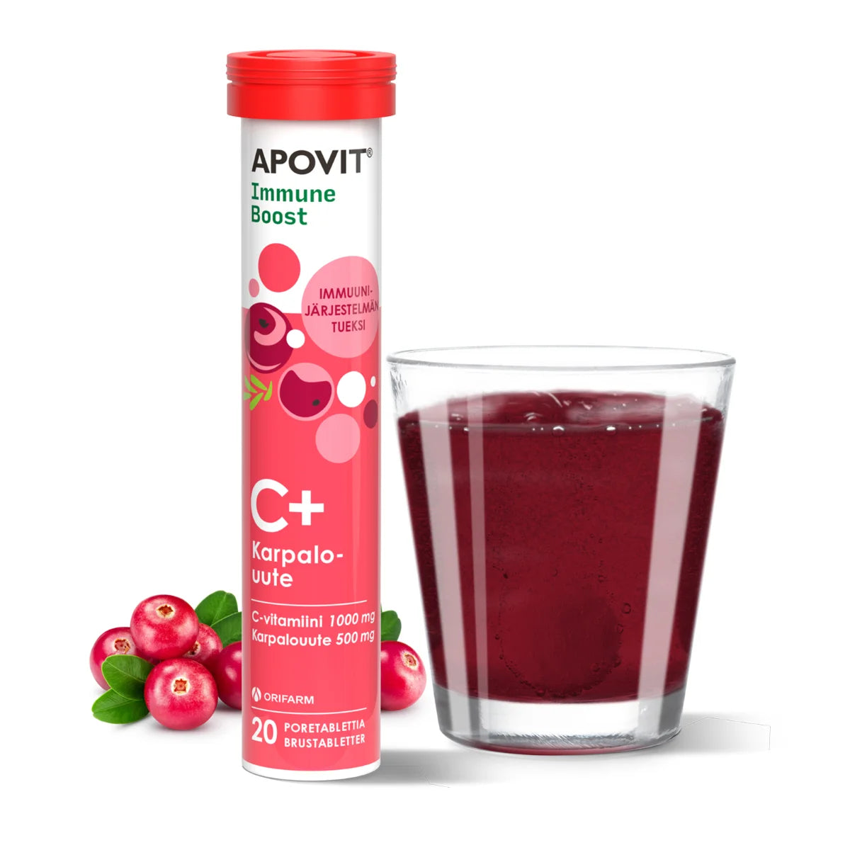 APOVIT Immune Boost C-Vitamiini-karpalo poretabletti 20 kpl immuunijärjestelmän tueksi