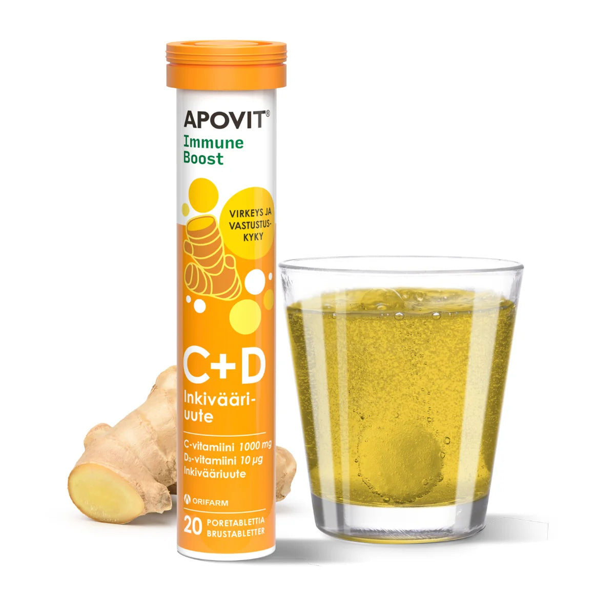 APOVIT Immune Boost C- ja D-Vitamiini inkivääri poretabletti 20 kpl virkeyteen ja vastustuskyvylle