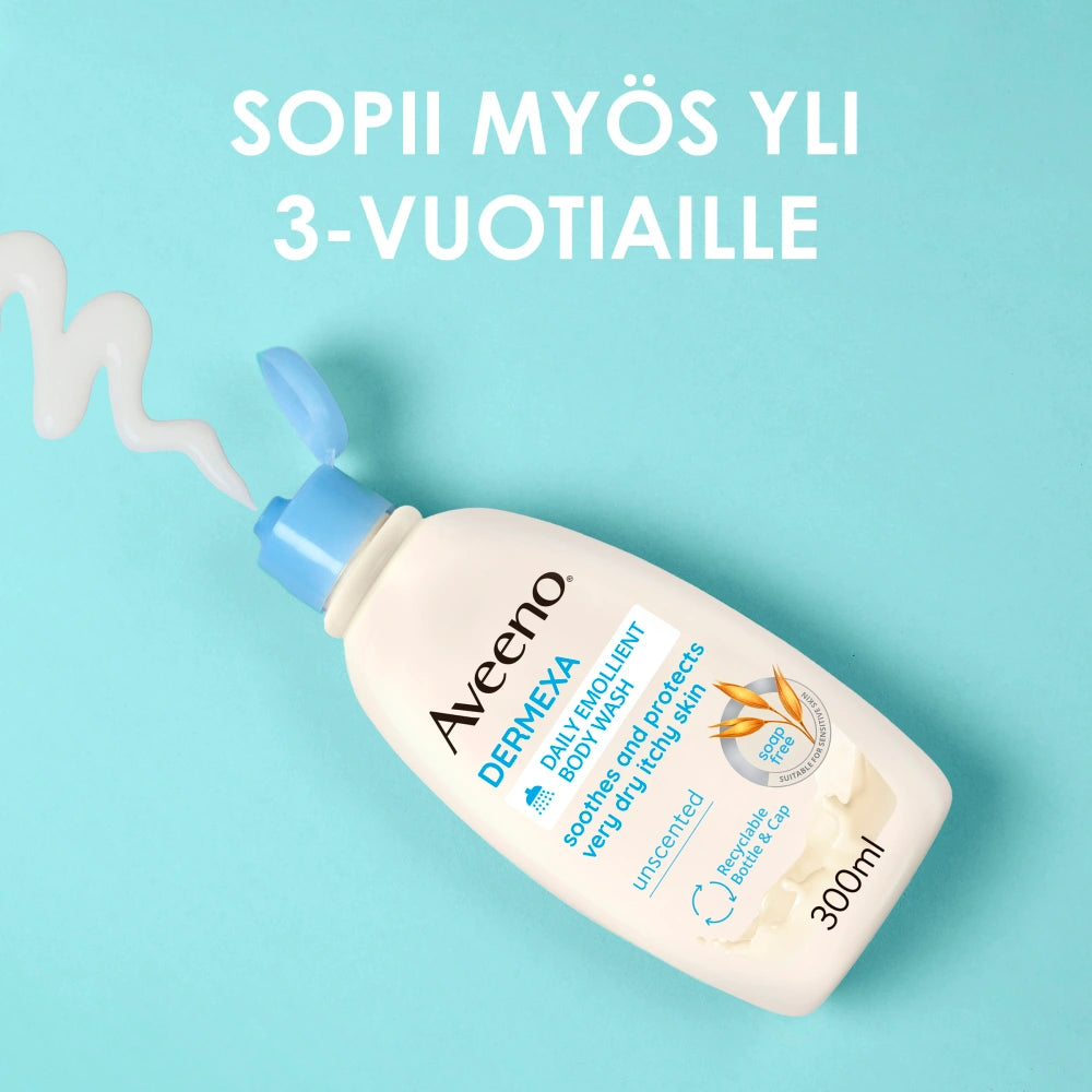 AVEENO Dermexa Daily Emollient Body Wash sopii myös yli 3-vuotiaille