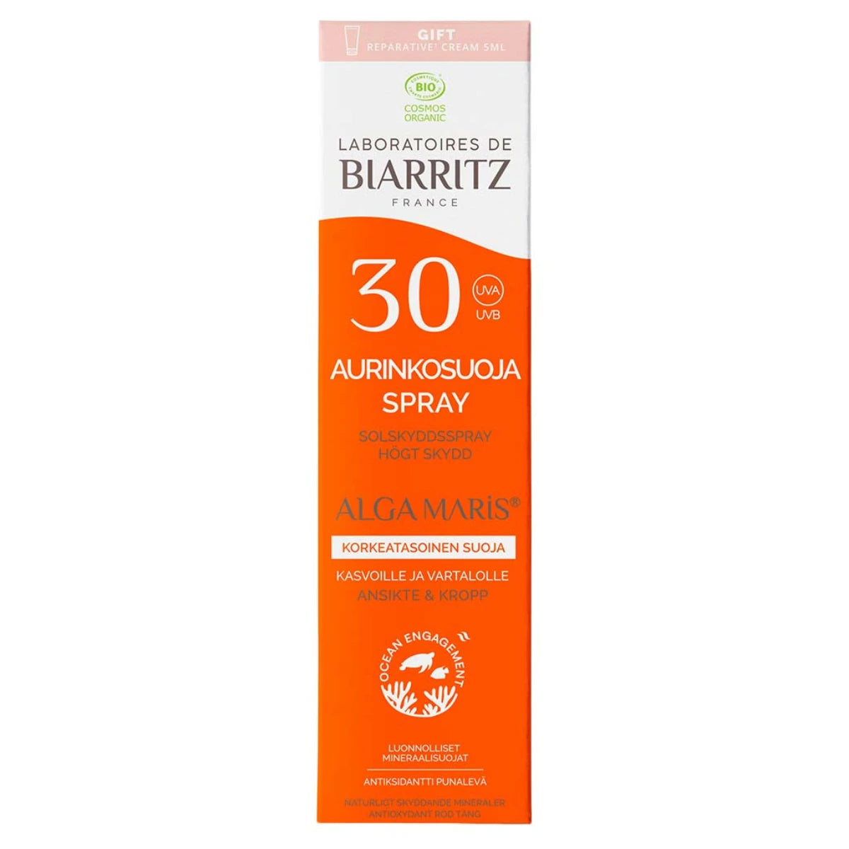 Laboratoires de Biarritz Alga Maris Aurinkovoidespray SPF30 – korkea mineraalisuoja kasvoilla ja vartalolle auringonsäteitä vastaan