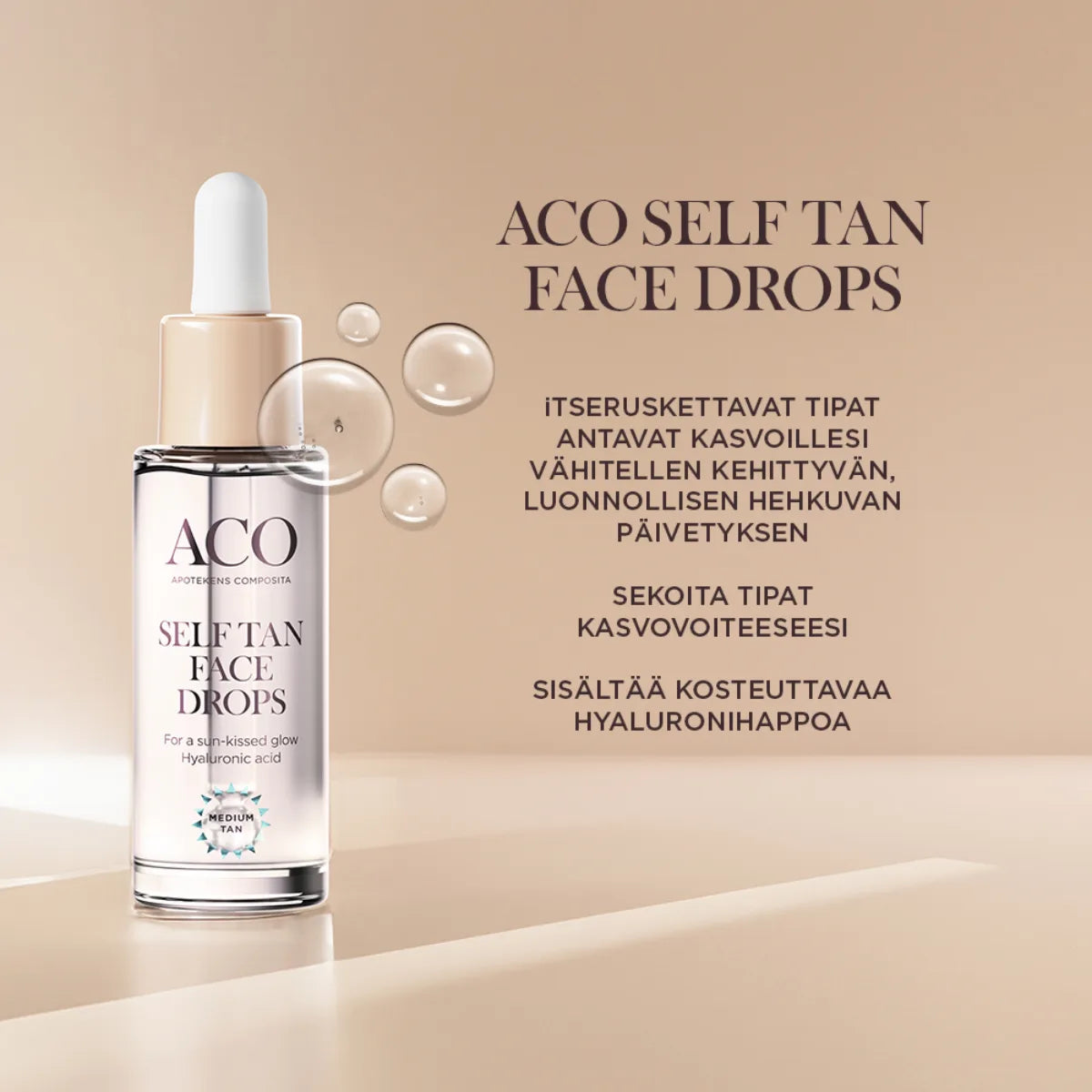 ACO Self Tan Face Drops itseruskettavat tipat antavat kasvoille vähitellen kehittyvän luonnollisen päivetyksen
