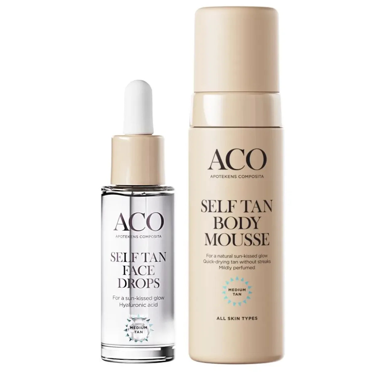 ACO Self Tan Mousse & Drops tuotesetti luonnollinen rusketus iholle ilman aurinonsäteitä