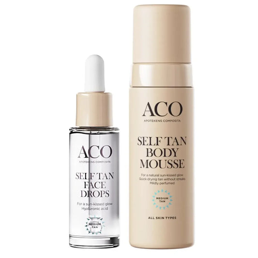 ACO Self Tan Mousse & Drops tuotesetti luonnollinen rusketus iholle ilman aurinonsäteitä