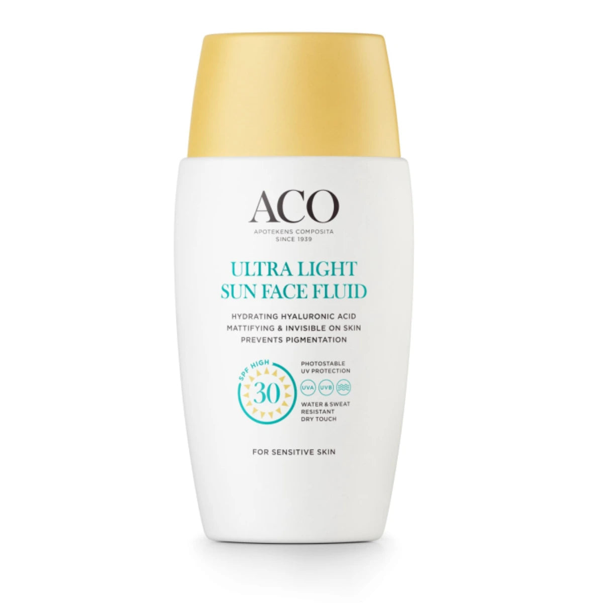 ACO Sun Face Ultra Light Fluid SPF30 40 ml koostumukseltaan äärimmäisen kevyt ja nopeasti imeytyvä nestemäinen aurinkovoide kasvoille
