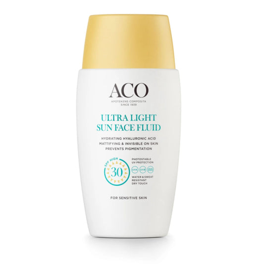 ACO Sun Face Ultra Light Fluid SPF30 40 ml koostumukseltaan äärimmäisen kevyt ja nopeasti imeytyvä nestemäinen aurinkovoide kasvoille