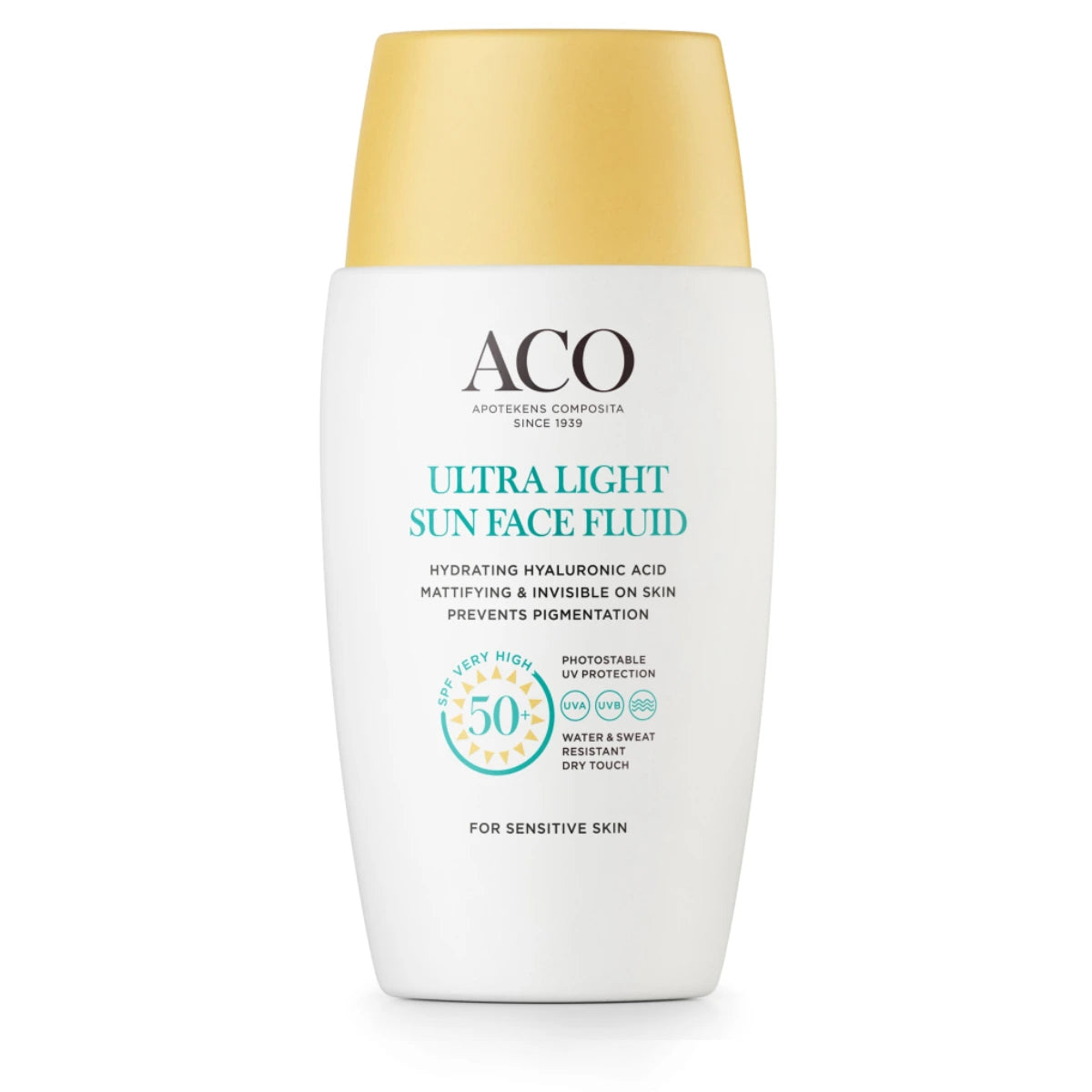 ACO Sun Face Ultra Light Fluid SPF50+ 40 ml kevyt ja nopeasti imeytyvä koostumus, joka sisältää kosteuttavaa hyaluronihappoa