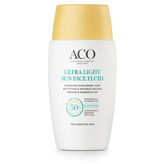ACO Sun Face Ultra Light Fluid SPF50+ 40 ml kevyt ja nopeasti imeytyvä koostumus, joka sisältää kosteuttavaa hyaluronihappoa