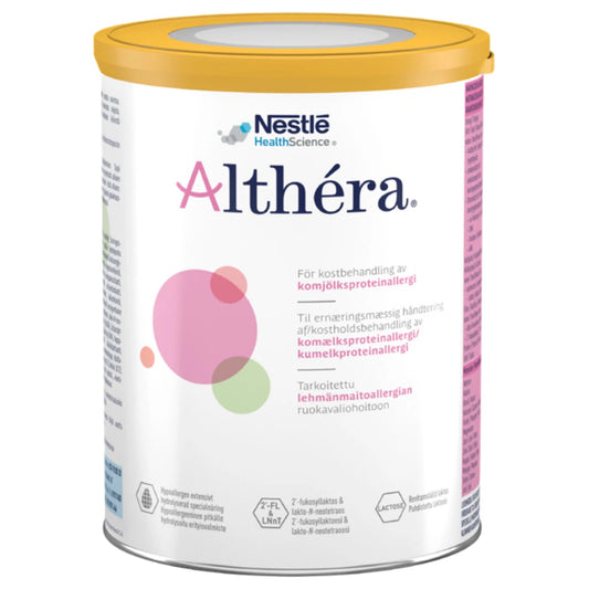 ALTHERA Jauhe 400 g hypoallergeeninen erikoisravintovalmiste, joka sisältää pitkälle hydrolysoitua heraproteiinia lehmänmaitoallergian ruokavaliohoitoon