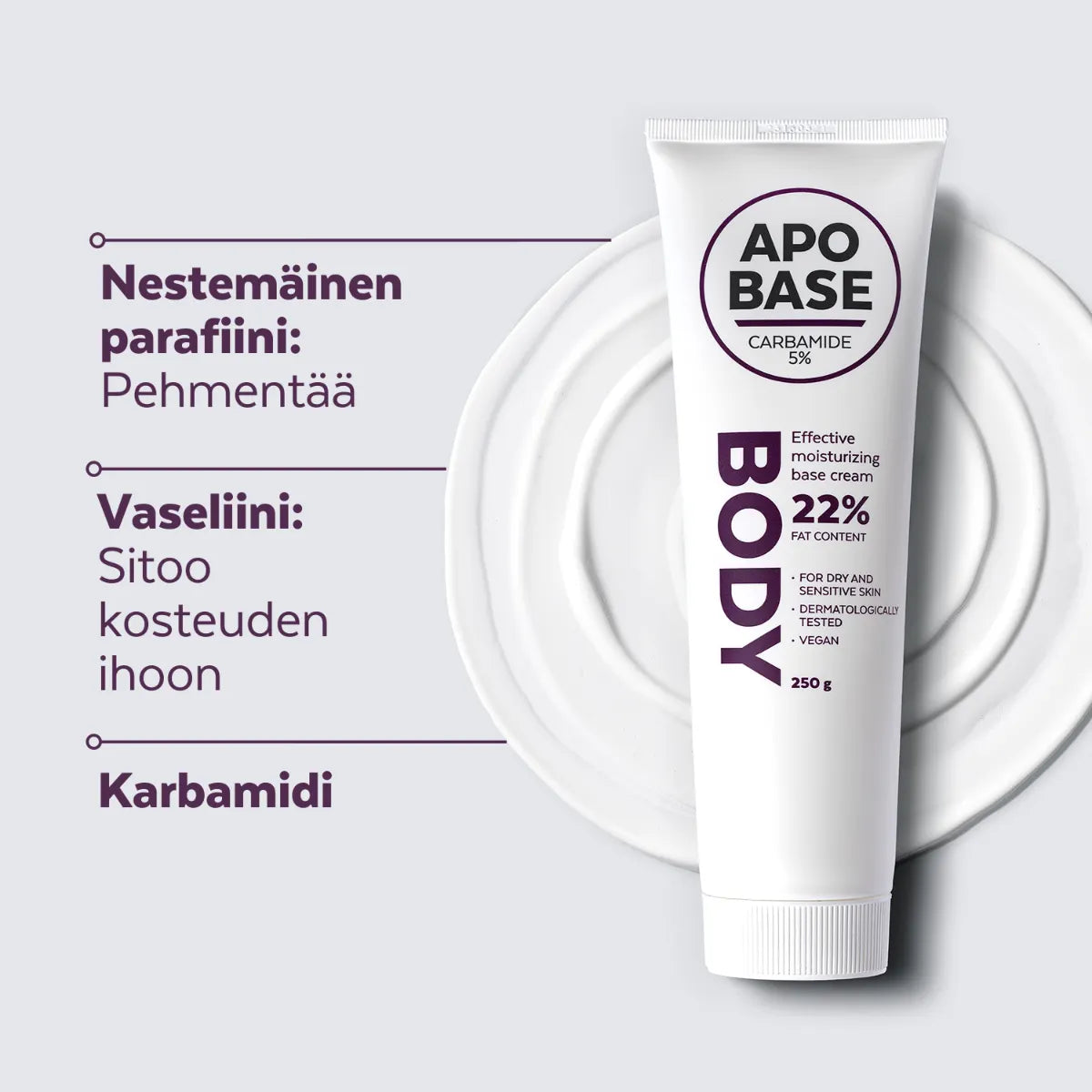 APOBASE Carbamide 5% perusvoide sitoo kosteuden ihoon