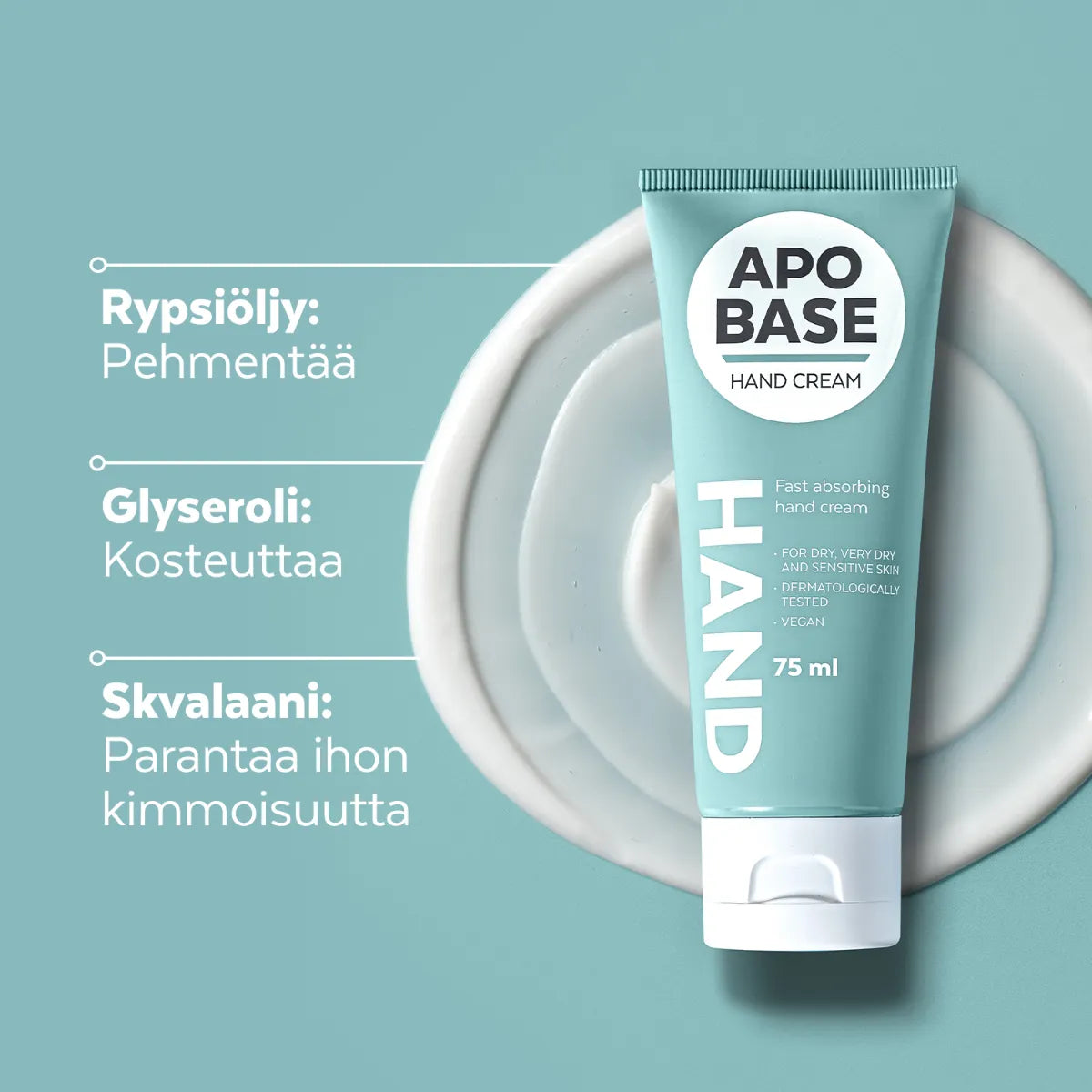 APOBASE Hand Cream käsivoide 75 ml sisältää rypsiöljyä, glyserolia ja skvalaania