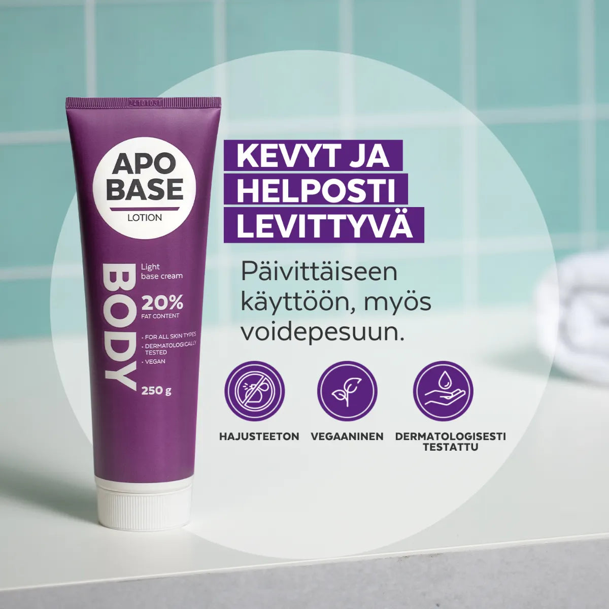 APOBASE Lotion 20% perusvoide on kevyt ja helposti levittyvä, sopii myös voidepesuihin