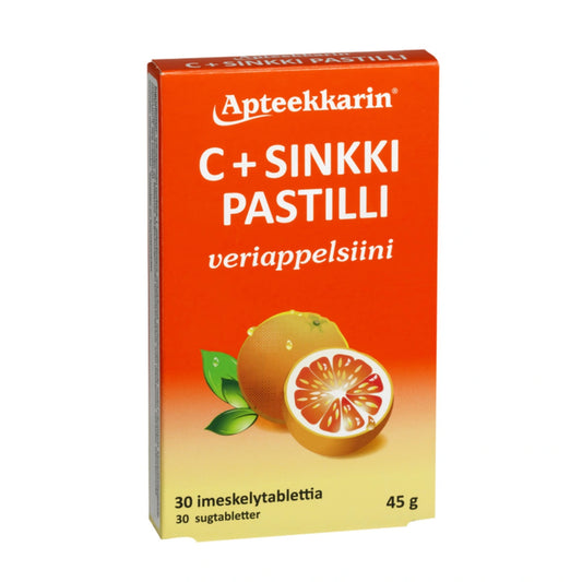 APTEEKKARIN C+ Sinkki pastilli veriappelsiini 30 kpl sisältää hyvin imeytyvää sinkkiglukonaattia