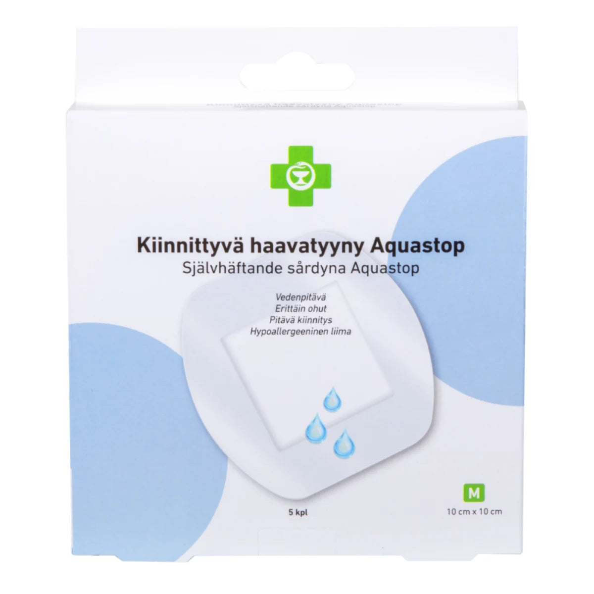 APTEEKKI Kiinnittyvä haavatyyny Aquastop, koko M 5 kpl vedenkestävä haavasidos 10x10 cm