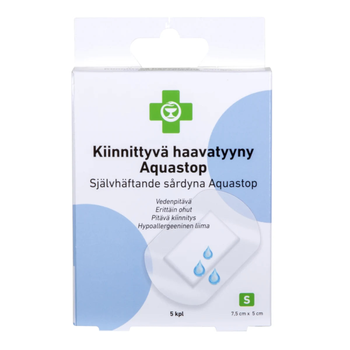 APTEEKKI Kiinnittyvä haavatyyny Aquastop S 5 kpl vedenpitävä haavasidos 7,5x5 cm
